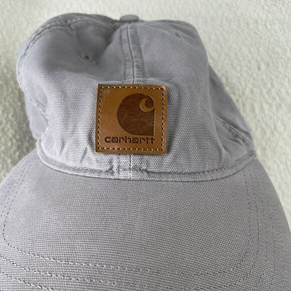Carhartt Hat Cap Strap Back Gray Leather Patch Cotton Canvas Twill Workwear Mens - Picture 2 of 6